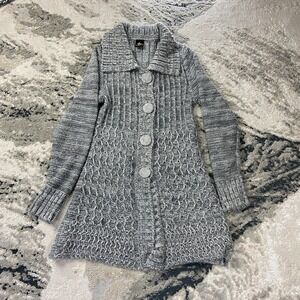 Vintage Alpaca Wool Blend Grey Ribbed Knit Collared Cardigan Jacket Size Small